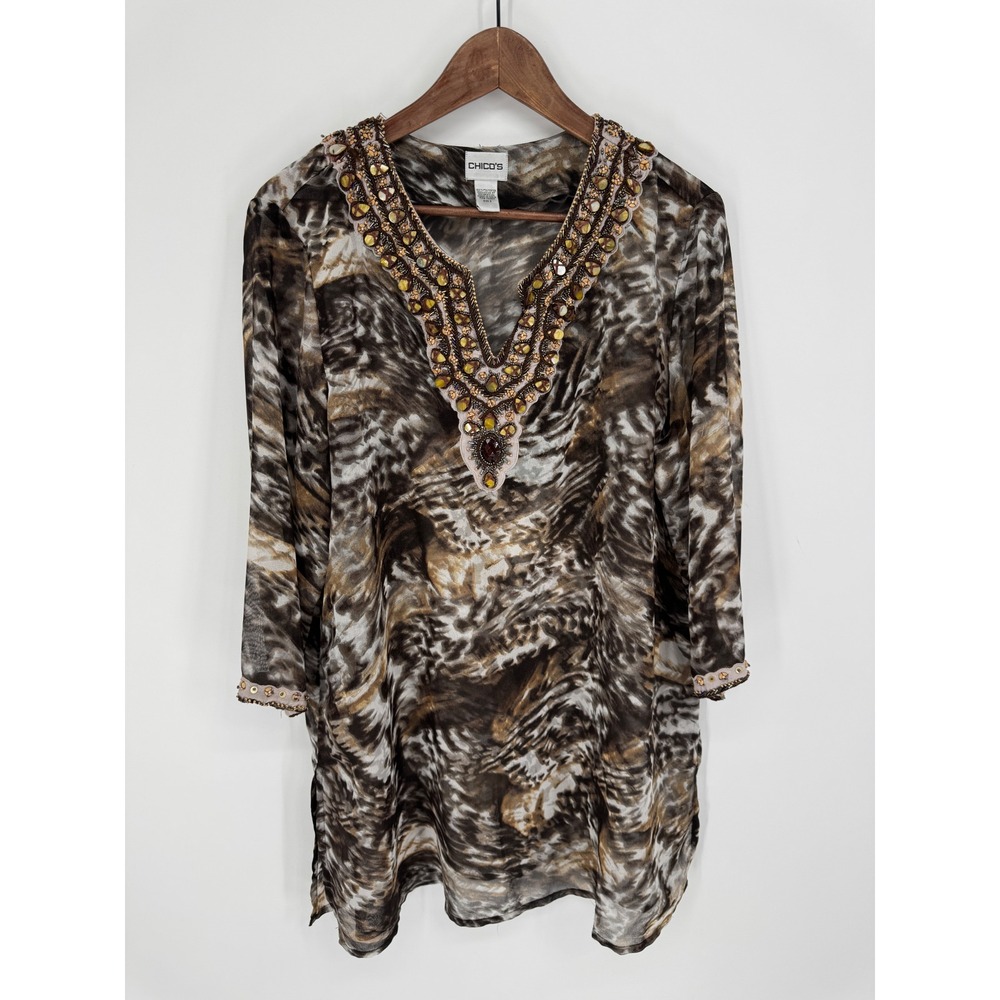 Chico's Beaded Animal Print Tunic Women XL 16 Brown Sheer Animal Print Boho Glam